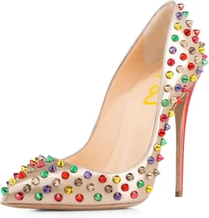 FSJ Women Sexy Studded Rivets Stiletto High Heel Pumps Classic Closed Pointed Toe Slip On Basic Spikes Shoes for Party Size 4-15 US