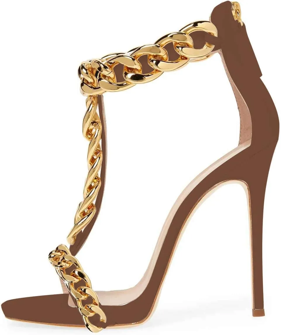 FSJ Women T-Straps High Heel Sandals Golden Chains Open Toe Ankle Straps Stilettos Pumps Back Zipper Wedding Party Homecomings Dress Summer Shoes Size 4-15 US