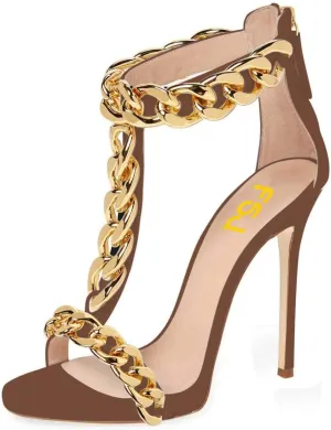 FSJ Women T-Straps High Heel Sandals Golden Chains Open Toe Ankle Straps Stilettos Pumps Back Zipper Wedding Party Homecomings Dress Summer Shoes Size 4-15 US