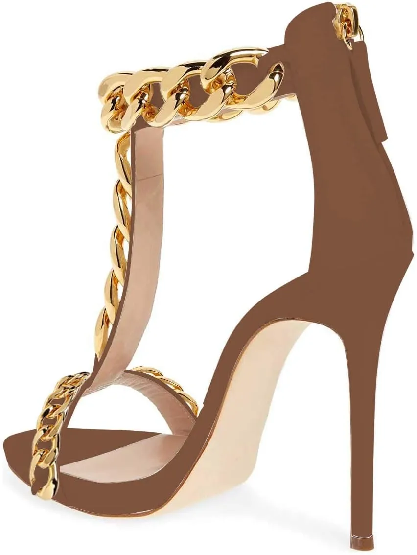 FSJ Women T-Straps High Heel Sandals Golden Chains Open Toe Ankle Straps Stilettos Pumps Back Zipper Wedding Party Homecomings Dress Summer Shoes Size 4-15 US