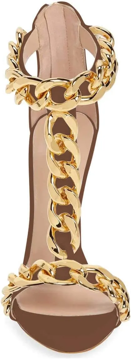 FSJ Women T-Straps High Heel Sandals Golden Chains Open Toe Ankle Straps Stilettos Pumps Back Zipper Wedding Party Homecomings Dress Summer Shoes Size 4-15 US
