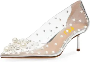 FSJ Women's Rhinestones Clear Low Kitten Heel Pumps Transparent Studded Pearls Pointed Toe Slip On Wedding Dress Evening Shoes Size 4-15 US