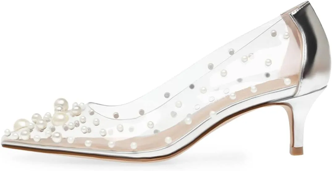 FSJ Women's Rhinestones Clear Low Kitten Heel Pumps Transparent Studded Pearls Pointed Toe Slip On Wedding Dress Evening Shoes Size 4-15 US