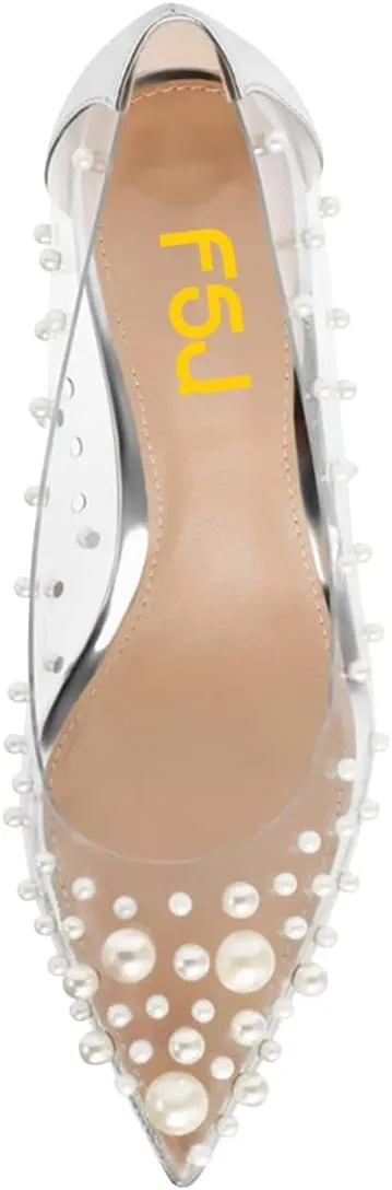 FSJ Women's Rhinestones Clear Low Kitten Heel Pumps Transparent Studded Pearls Pointed Toe Slip On Wedding Dress Evening Shoes Size 4-15 US