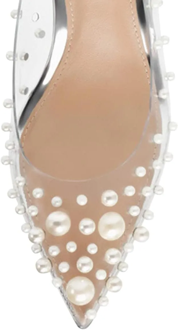FSJ Women's Rhinestones Clear Low Kitten Heel Pumps Transparent Studded Pearls Pointed Toe Slip On Wedding Dress Evening Shoes Size 4-15 US