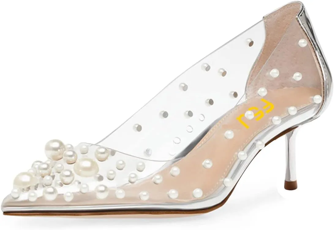 FSJ Women's Rhinestones Clear Low Kitten Heel Pumps Transparent Studded Pearls Pointed Toe Slip On Wedding Dress Evening Shoes Size 4-15 US