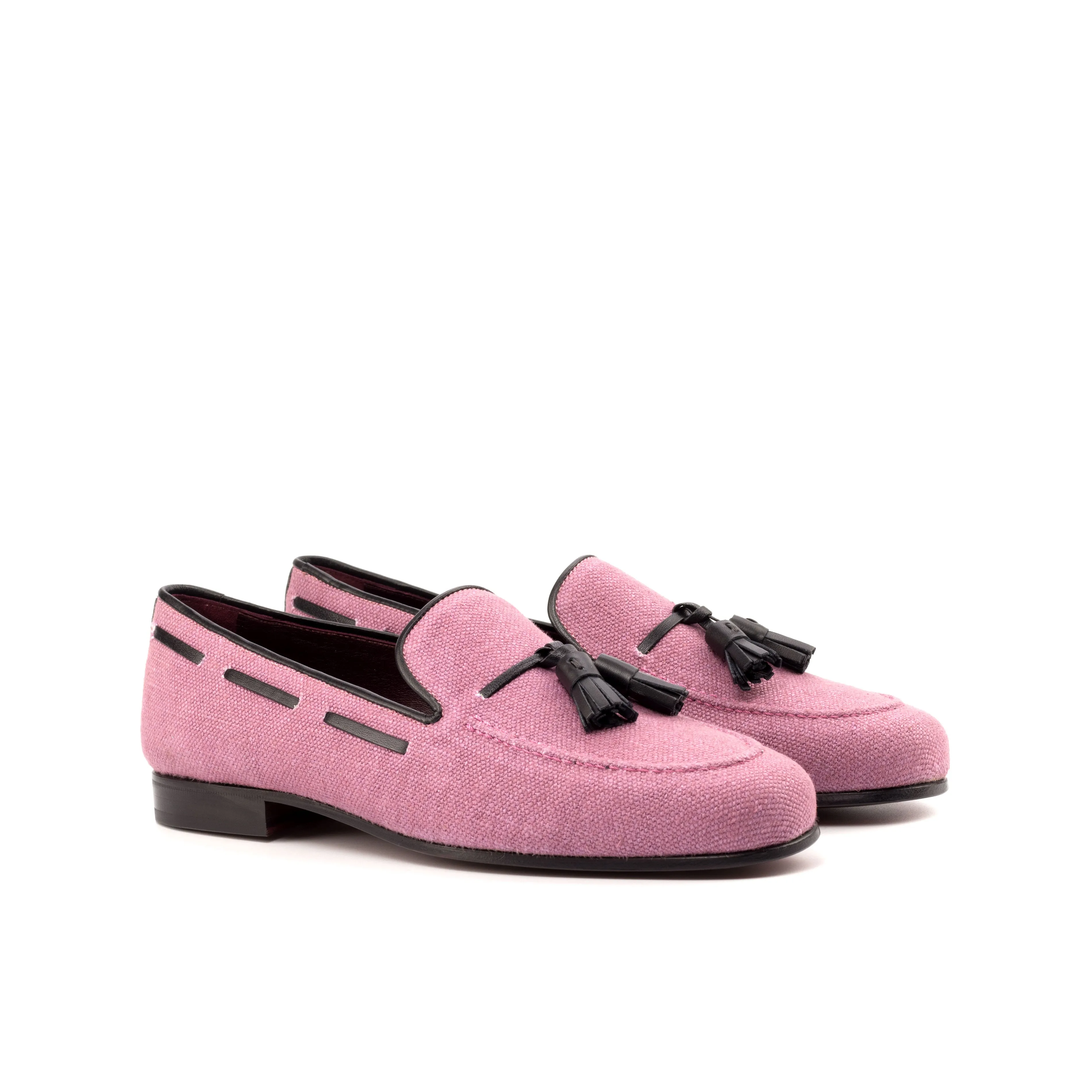 Gentlemen Cortes Slip On - Plum Linen Fabric with Trim & Tassel in Black Calf Leather