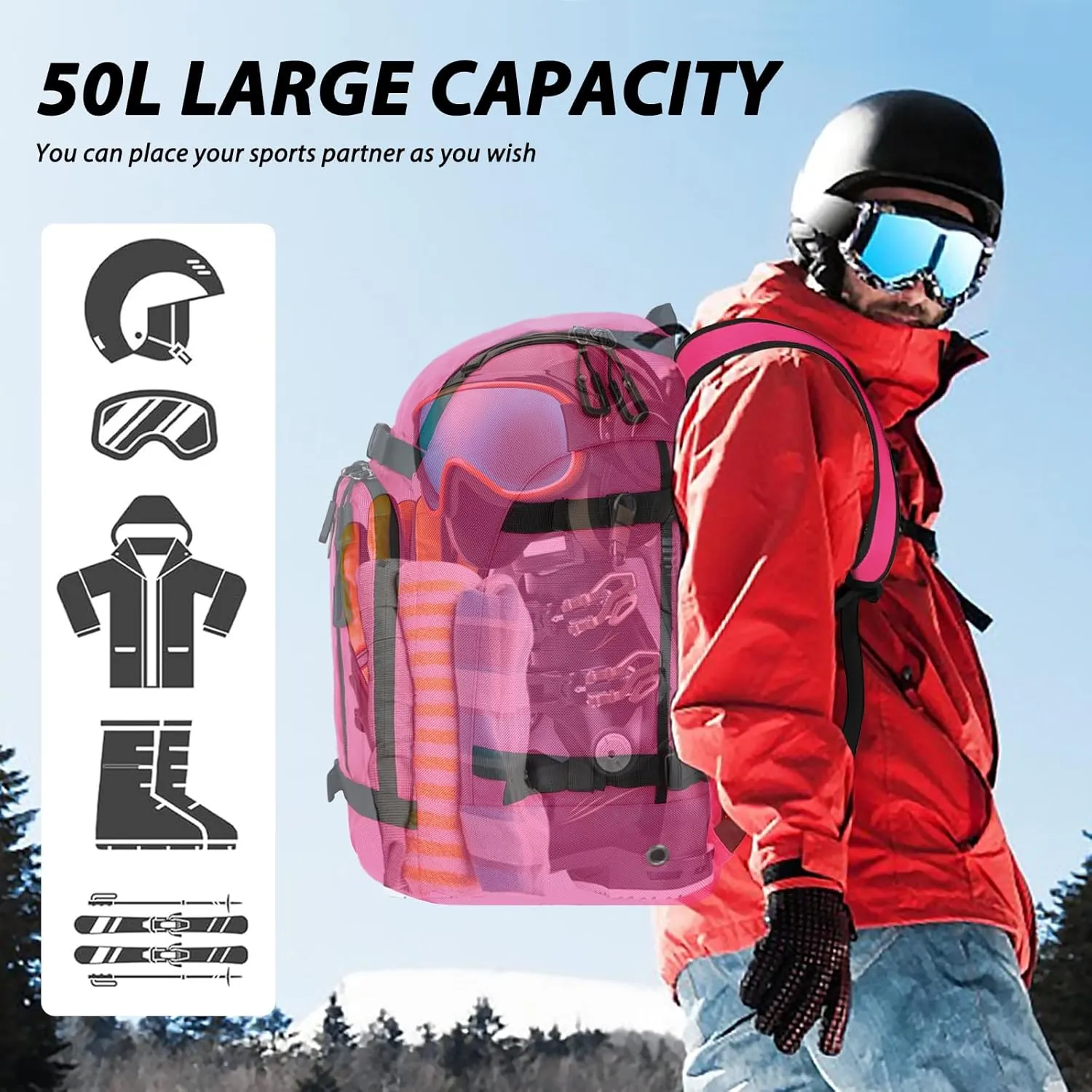 Goloni Ski Boot Bag - 50L Waterproof Ski and Snowboard Boots Travel Backpack for Skis, Snowboard, Ski Helmet, & Accessories