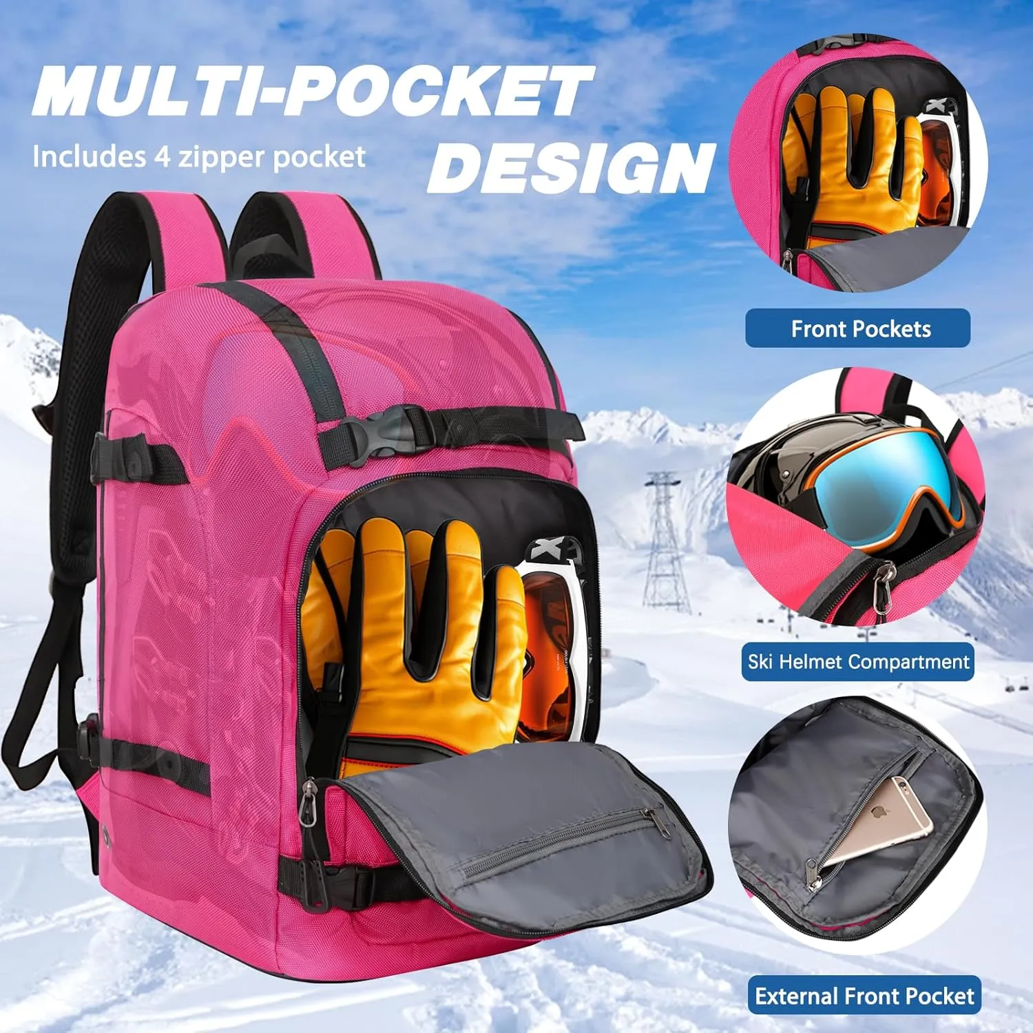 Goloni Ski Boot Bag - 50L Waterproof Ski and Snowboard Boots Travel Backpack for Skis, Snowboard, Ski Helmet, & Accessories