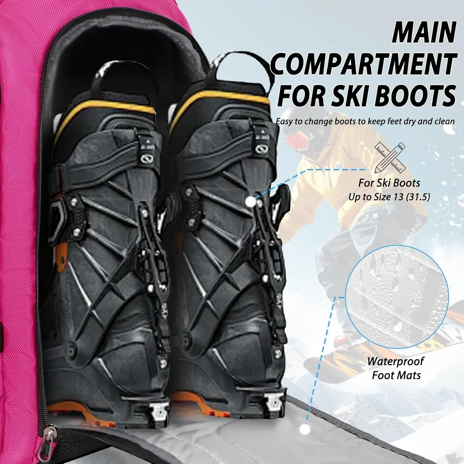 Goloni Ski Boot Bag - 50L Waterproof Ski and Snowboard Boots Travel Backpack for Skis, Snowboard, Ski Helmet, & Accessories