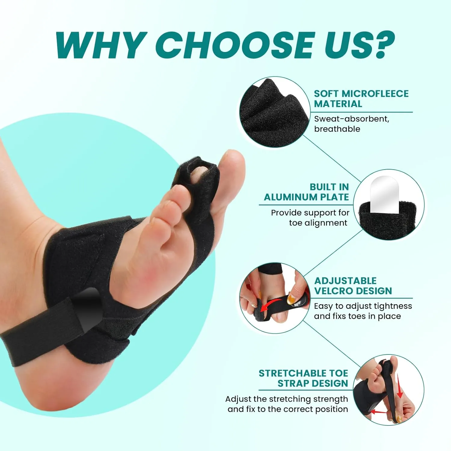 Hammer Toe Straightener Corrector for Women & Men, Non-Slip Toe Splint with Aluminum Plate for Hammer, Curled, Crooked Toes, Pain Relief, Broken Support (1 Compression Foot Wrap & 1 Strap, Black)