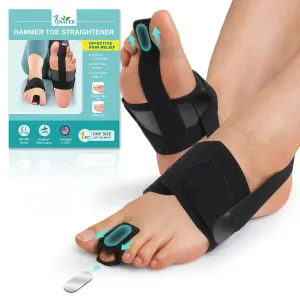 Hammer Toe Straightener Corrector for Women & Men, Non-Slip Toe Splint with Aluminum Plate for Hammer, Curled, Crooked Toes, Pain Relief, Broken Support (1 Compression Foot Wrap & 1 Strap, Black)