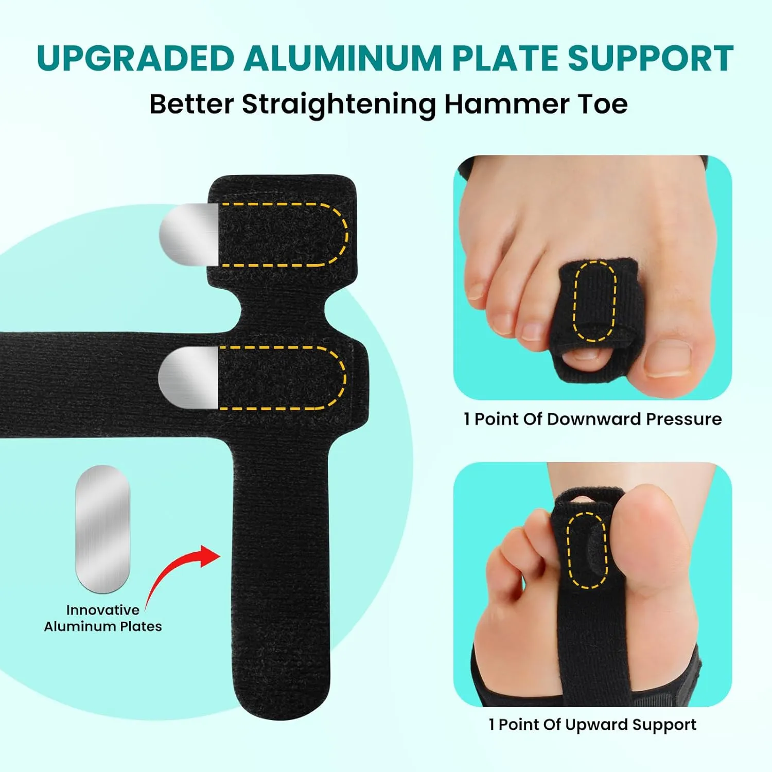 Hammer Toe Straightener Corrector for Women & Men, Non-Slip Toe Splint with Aluminum Plate for Hammer, Curled, Crooked Toes, Pain Relief, Broken Support (1 Compression Foot Wrap & 1 Strap, Black)