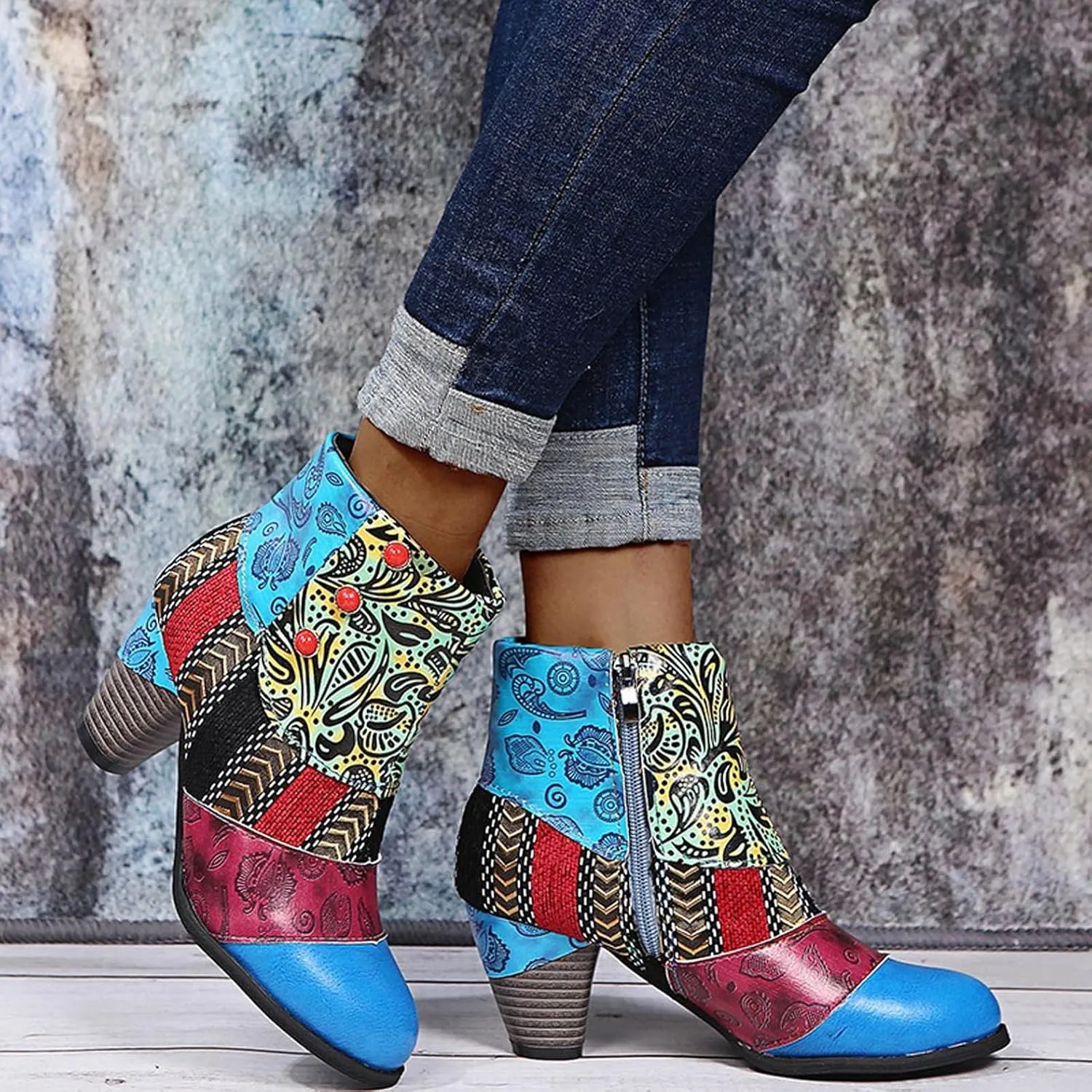 Hbeylia Boots For Women Fashion Snake Leather Round Toe Pump Ankle Booties Trendy Chunky High Heels Dress Short Boots For Ladies