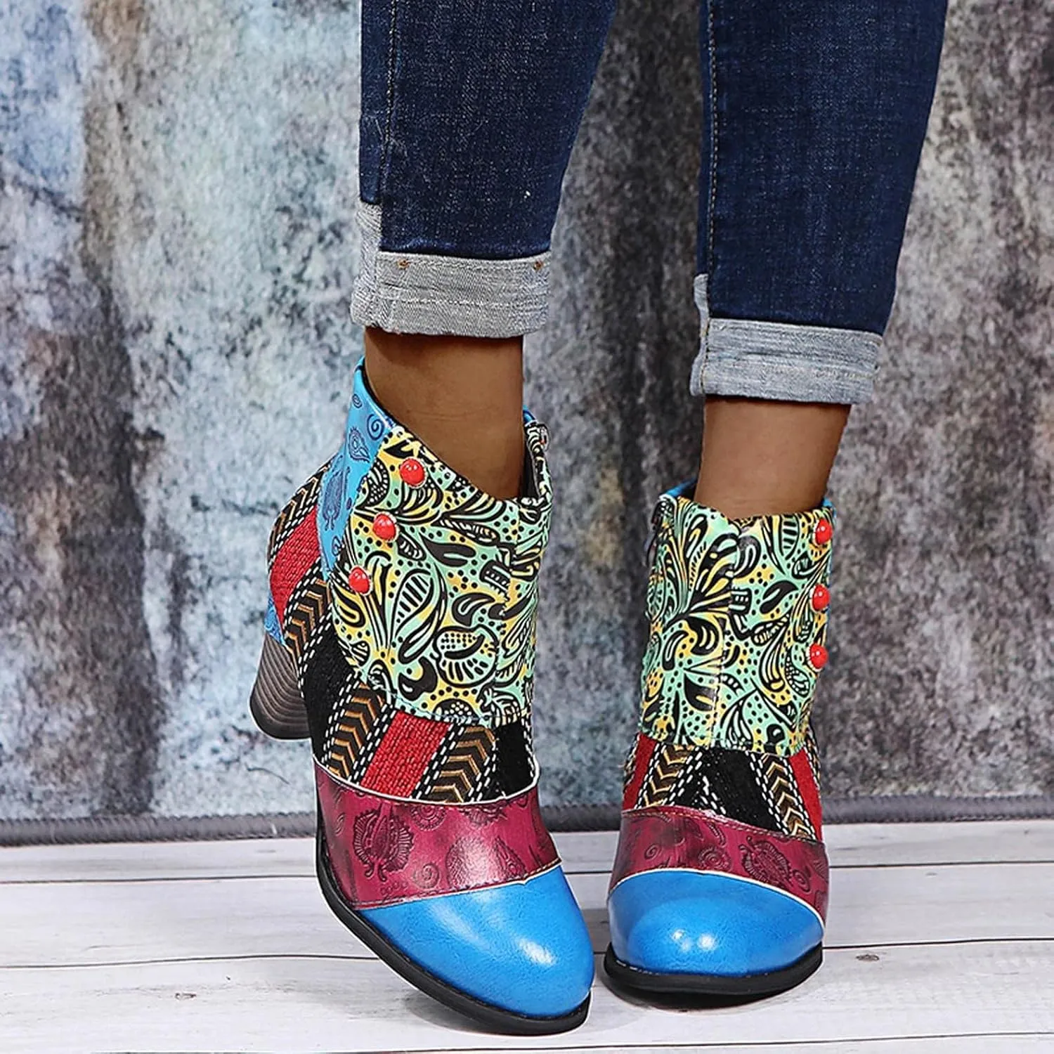 Hbeylia Boots For Women Fashion Snake Leather Round Toe Pump Ankle Booties Trendy Chunky High Heels Dress Short Boots For Ladies