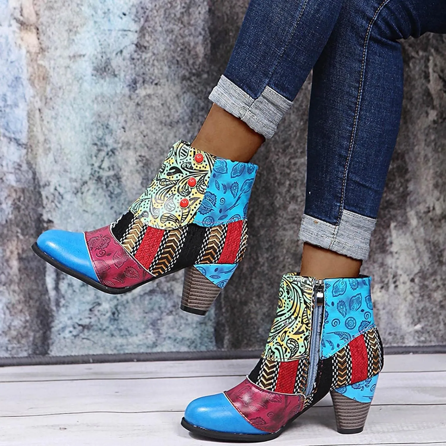 Hbeylia Boots For Women Fashion Snake Leather Round Toe Pump Ankle Booties Trendy Chunky High Heels Dress Short Boots For Ladies