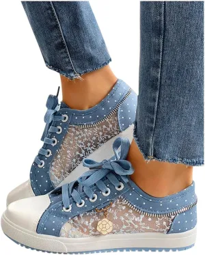 Hbeylia Lace Fashion Sneakers For Women Girls Breathable Anti Slip Mesh Low Top Canvas Shoes Casual Lace Up Play Sneakers Walking Shoes For Summer Autumn Running Outdoor Sport Travel