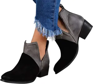 Hbeylia Women's Ankle Booties Fashion Casual Suede Pointed Toe V Cut Chunky Mid Heels Ankle Boots Western Cowboy Dress Short Boots For Women Ladies