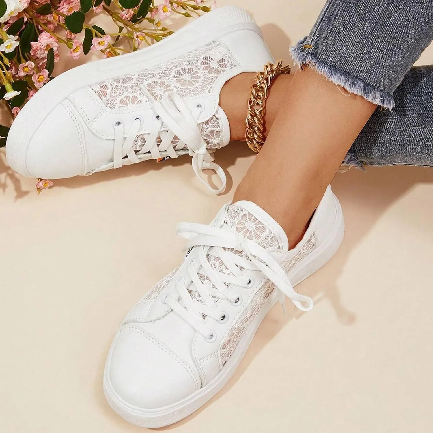 Hbeylia Womens Lace Sneakers Fashion Mesh Low Cut Canvas Shoes Lace Crochet Lace Up Walking Running Tennis Shoes Lightweight Breathable Flat Wedding Shoes Bridal Sneakers