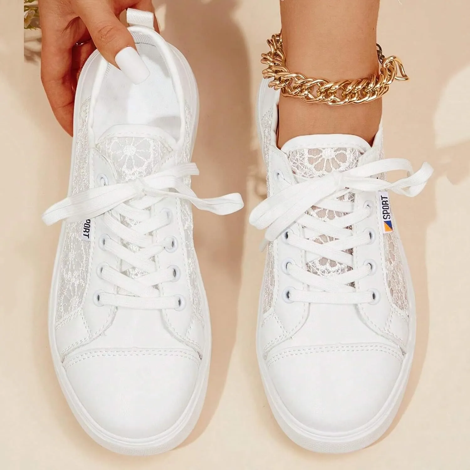 Hbeylia Womens Lace Sneakers Fashion Mesh Low Cut Canvas Shoes Lace Crochet Lace Up Walking Running Tennis Shoes Lightweight Breathable Flat Wedding Shoes Bridal Sneakers