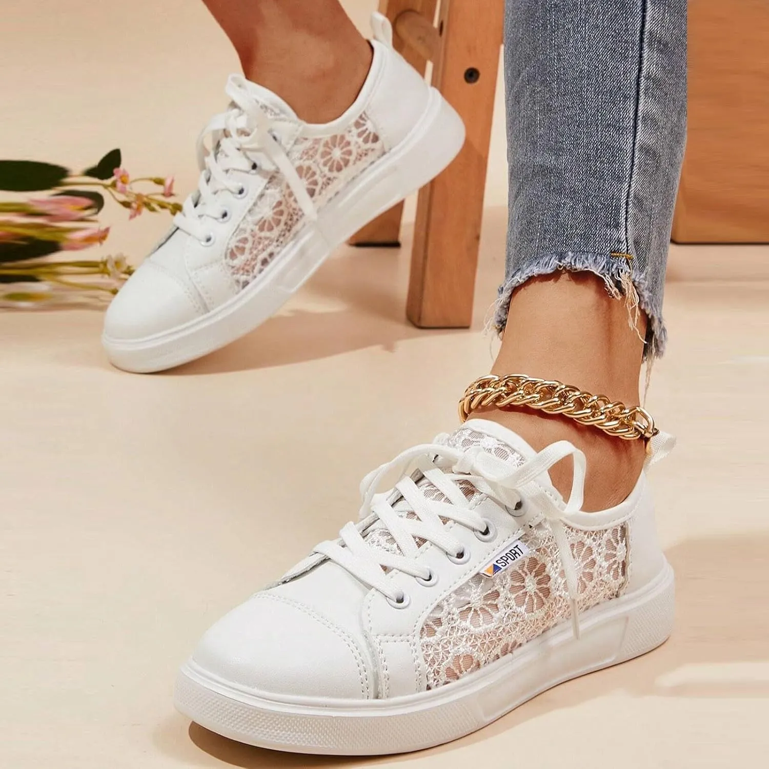 Hbeylia Womens Lace Sneakers Fashion Mesh Low Cut Canvas Shoes Lace Crochet Lace Up Walking Running Tennis Shoes Lightweight Breathable Flat Wedding Shoes Bridal Sneakers