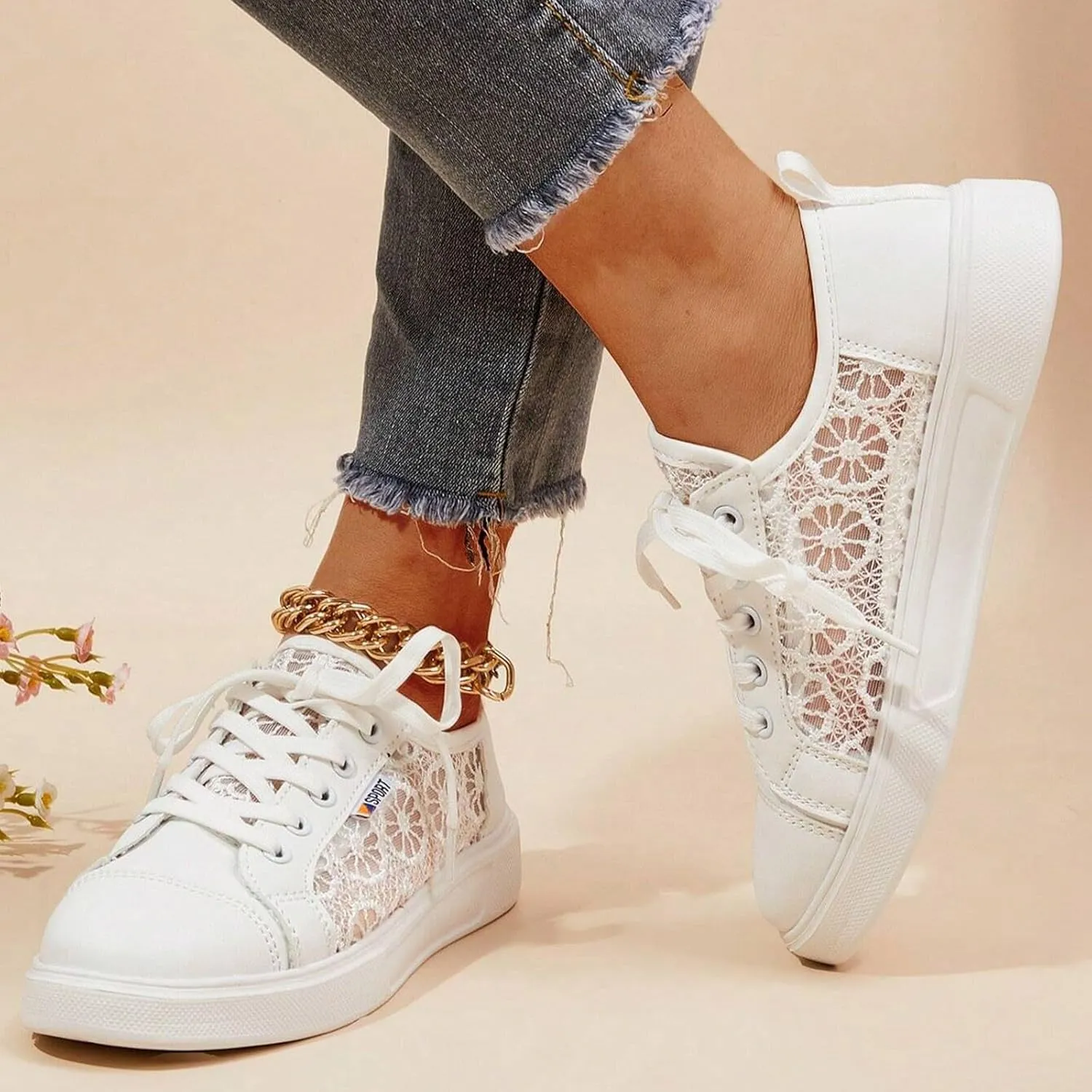 Hbeylia Womens Lace Sneakers Fashion Mesh Low Cut Canvas Shoes Lace Crochet Lace Up Walking Running Tennis Shoes Lightweight Breathable Flat Wedding Shoes Bridal Sneakers