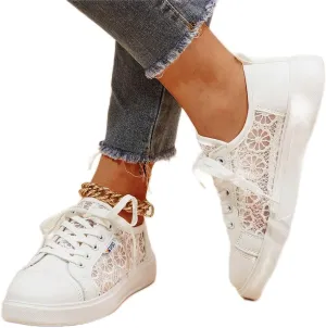 Hbeylia Womens Lace Sneakers Fashion Mesh Low Cut Canvas Shoes Lace Crochet Lace Up Walking Running Tennis Shoes Lightweight Breathable Flat Wedding Shoes Bridal Sneakers