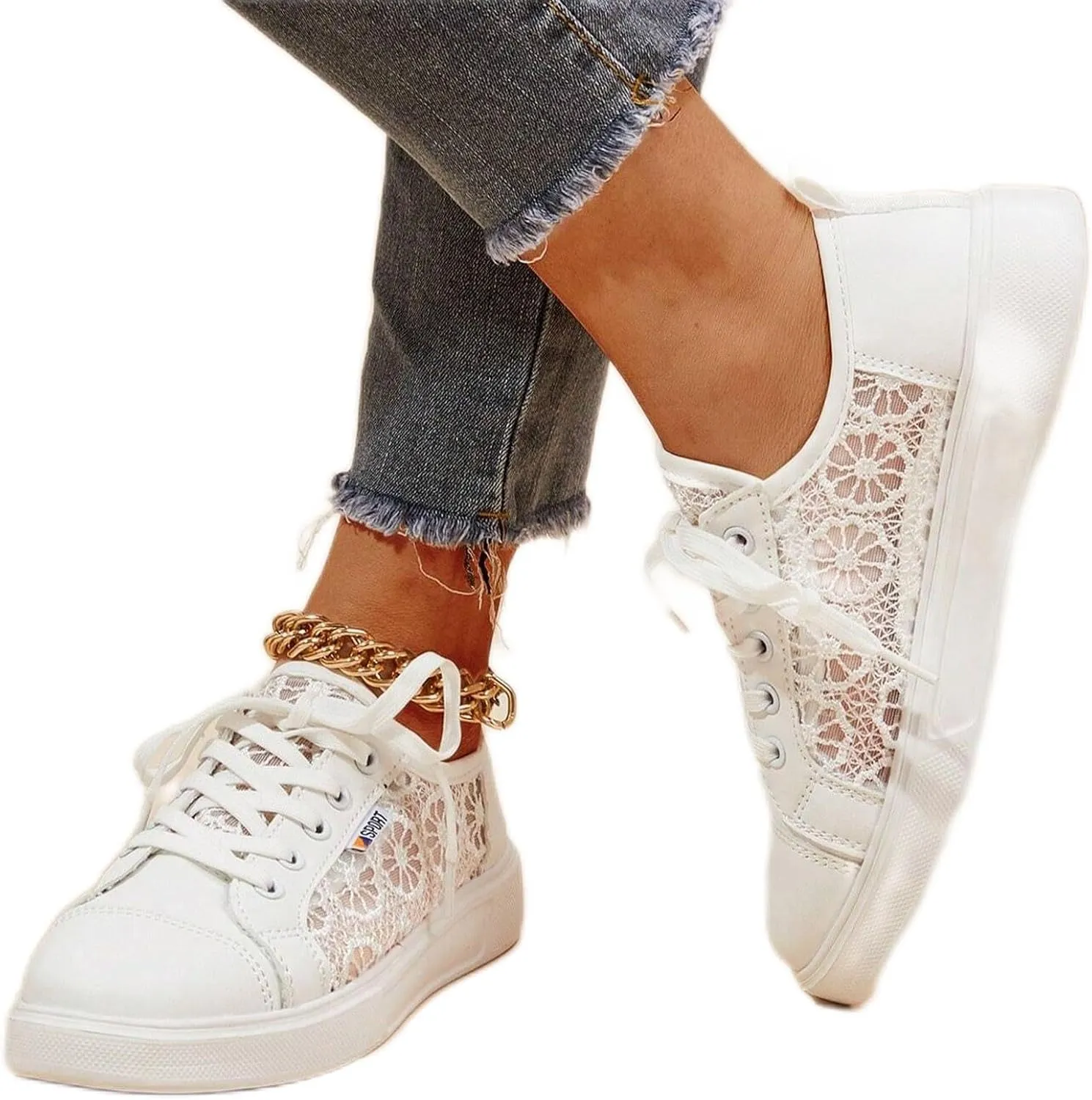 Hbeylia Womens Lace Sneakers Fashion Mesh Low Cut Canvas Shoes Lace Crochet Lace Up Walking Running Tennis Shoes Lightweight Breathable Flat Wedding Shoes Bridal Sneakers