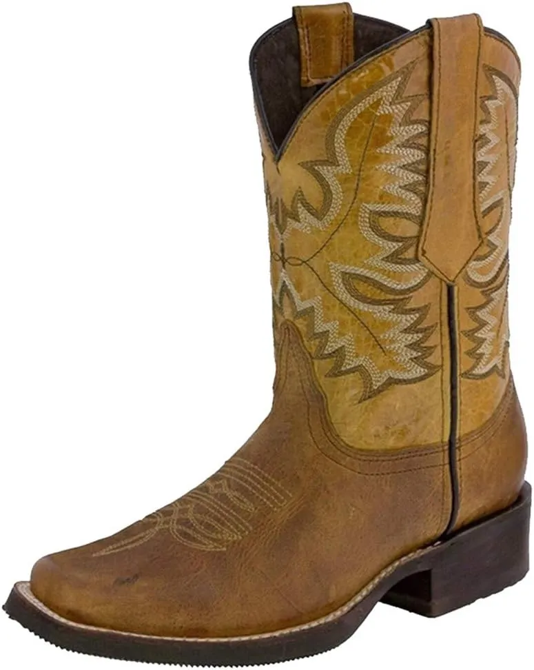 Hbeylia Women's Western Cowboy Cowgirls Boots With Side Zipper Vintage Embroidery Round Toe Chunky Low Heels Wide Mid Calf Boots For Women Riding