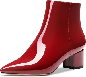 HDEUOLM Women Chunky Block Heel Pointed Toe Ankle Boots Short Bootie Zipper Slip-on Classic Dress Boots 2.0 Inches Heels