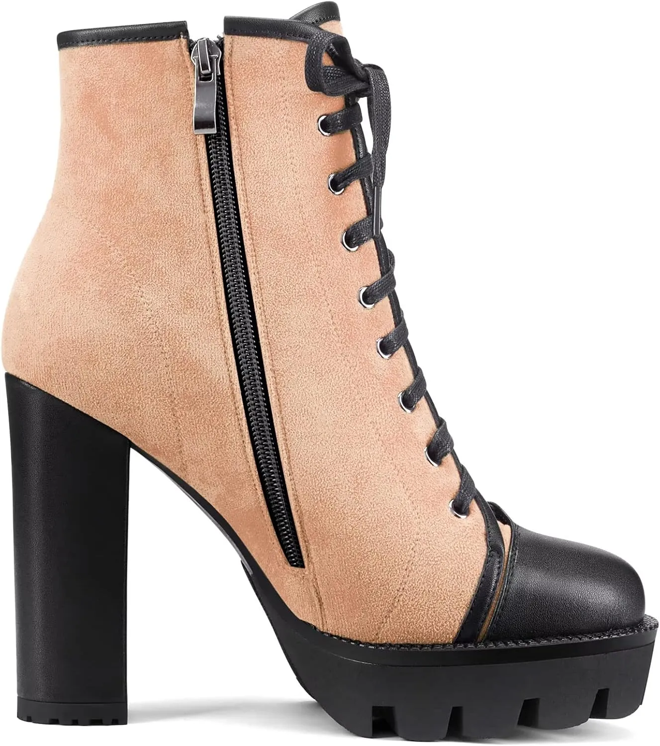 HDEUOLM Women High Chunky Block Platform Heel Round Toe Lace-up Zipper Ankle Boots Short Bootie Shoes