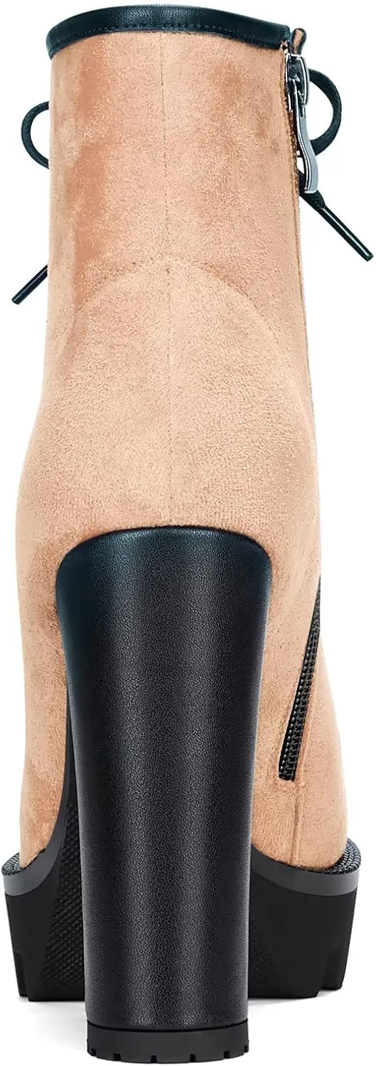 HDEUOLM Women High Chunky Block Platform Heel Round Toe Lace-up Zipper Ankle Boots Short Bootie Shoes