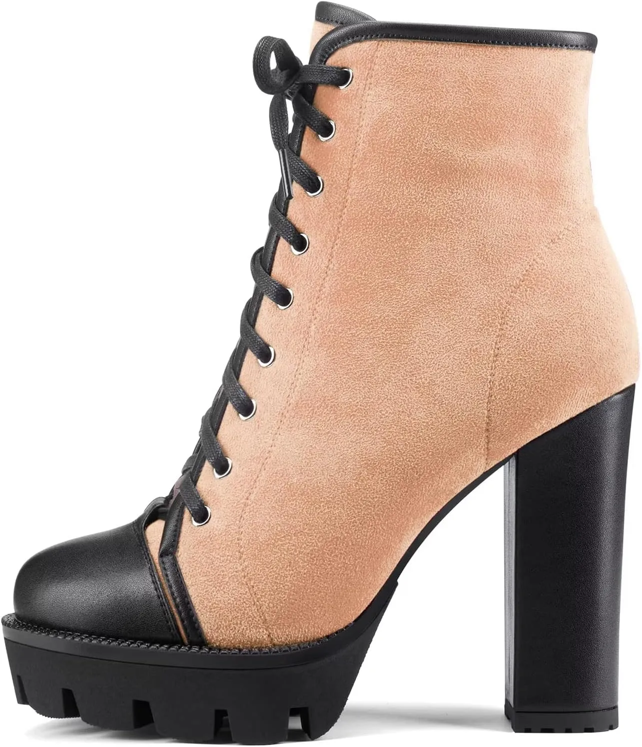 HDEUOLM Women High Chunky Block Platform Heel Round Toe Lace-up Zipper Ankle Boots Short Bootie Shoes
