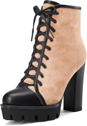 HDEUOLM Women High Chunky Block Platform Heel Round Toe Lace-up Zipper Ankle Boots Short Bootie Shoes