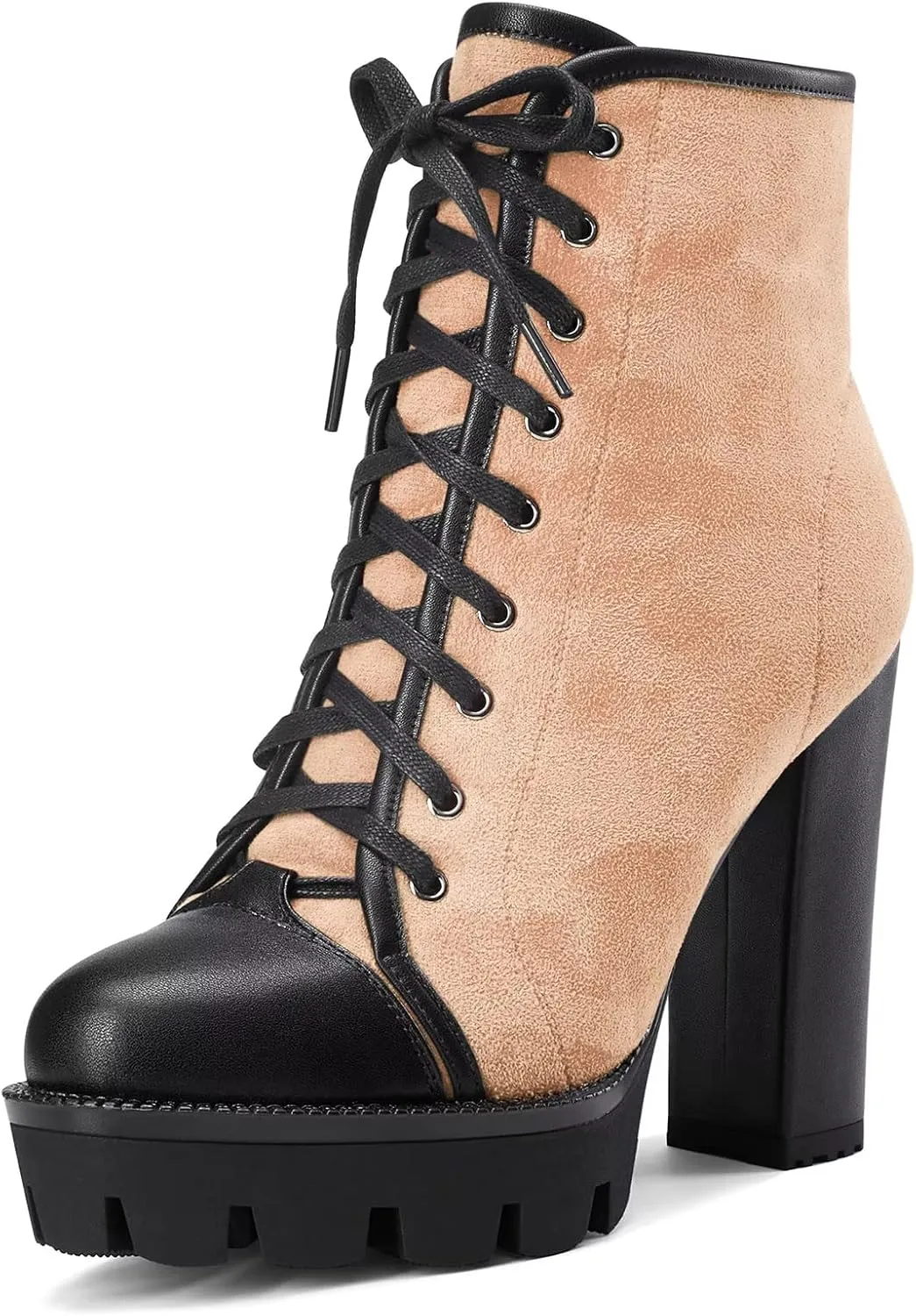 HDEUOLM Women High Chunky Block Platform Heel Round Toe Lace-up Zipper Ankle Boots Short Bootie Shoes