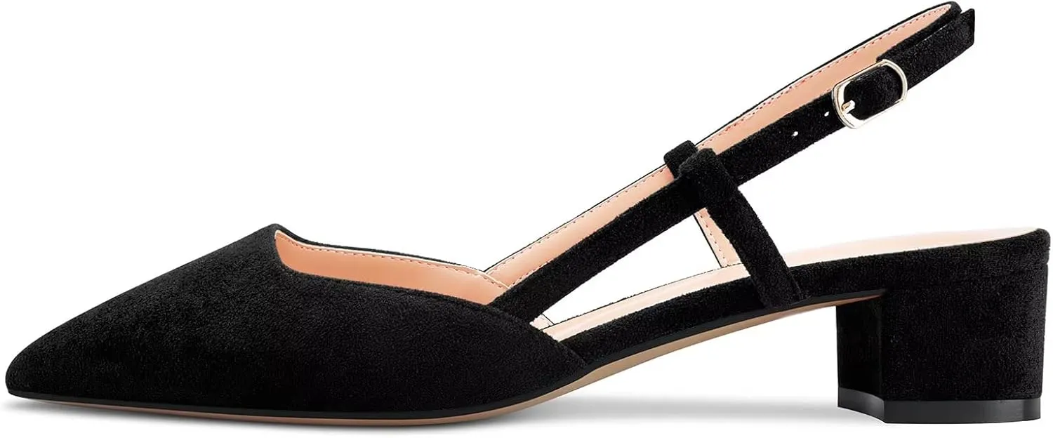 HDEUOLM Women Low Chunky Block Heel Close Pointed Toe Sandals Ankle Strap Slingback Slip-on Pumps Wedding Sexy Dress 1.4 Inches Heels Shoes