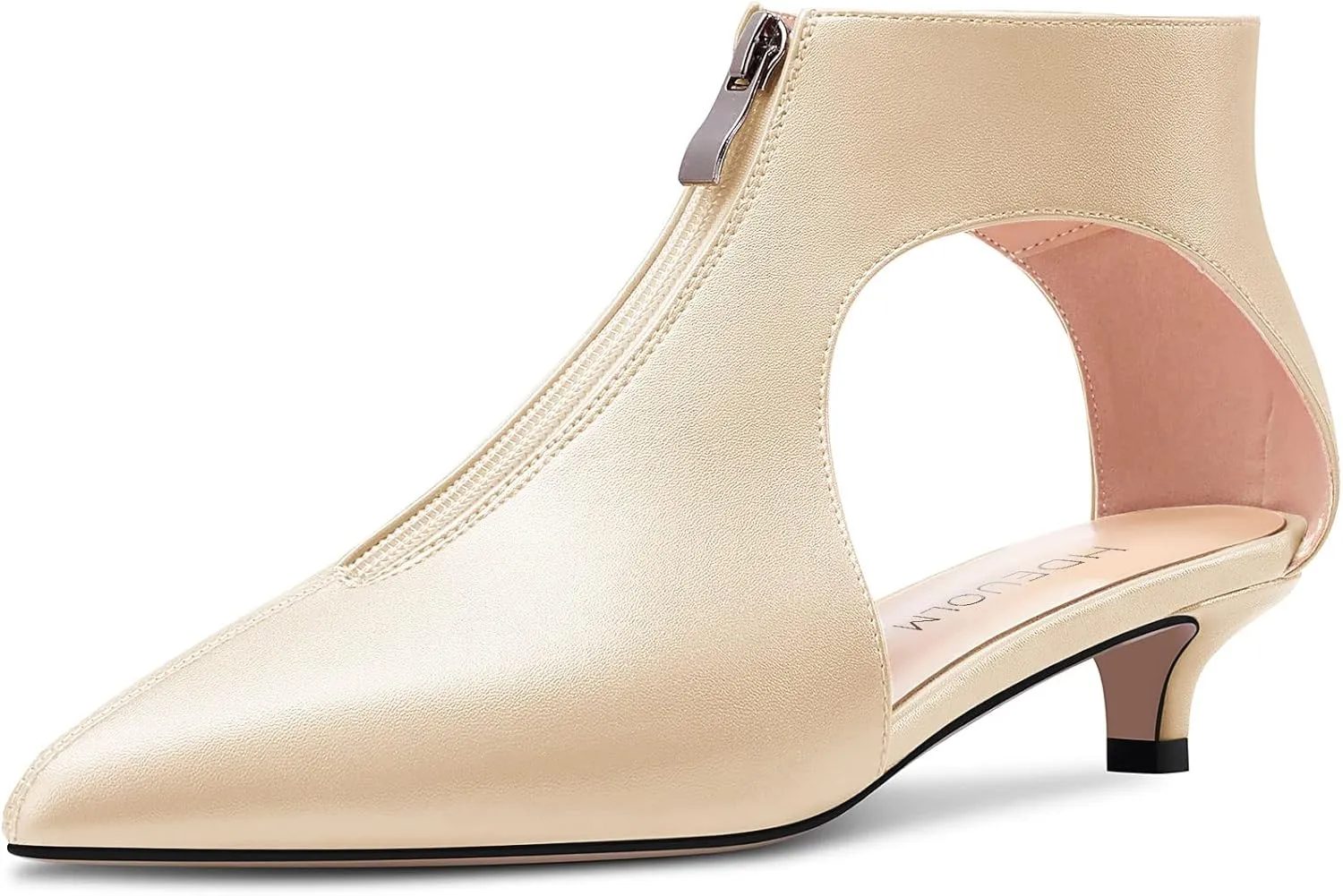 HDEUOLM Womens Low Kitten Heel Pointed Toe Pumps Slip-on Zipper Casual Cute 1.4 Inches Heels