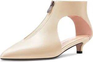 HDEUOLM Womens Low Kitten Heel Pointed Toe Pumps Slip-on Zipper Casual Cute 1.4 Inches Heels