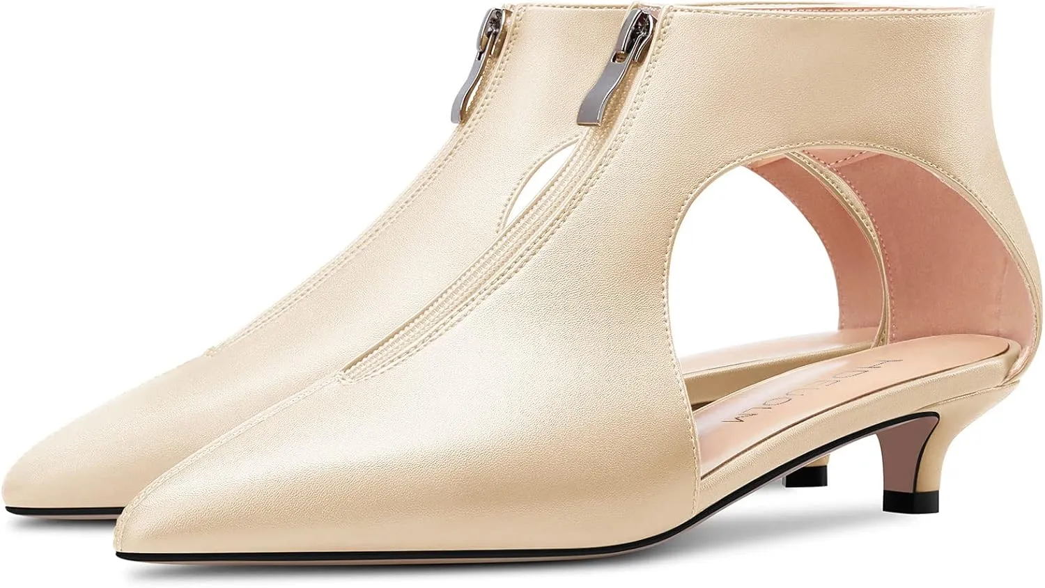HDEUOLM Womens Low Kitten Heel Pointed Toe Pumps Slip-on Zipper Casual Cute 1.4 Inches Heels