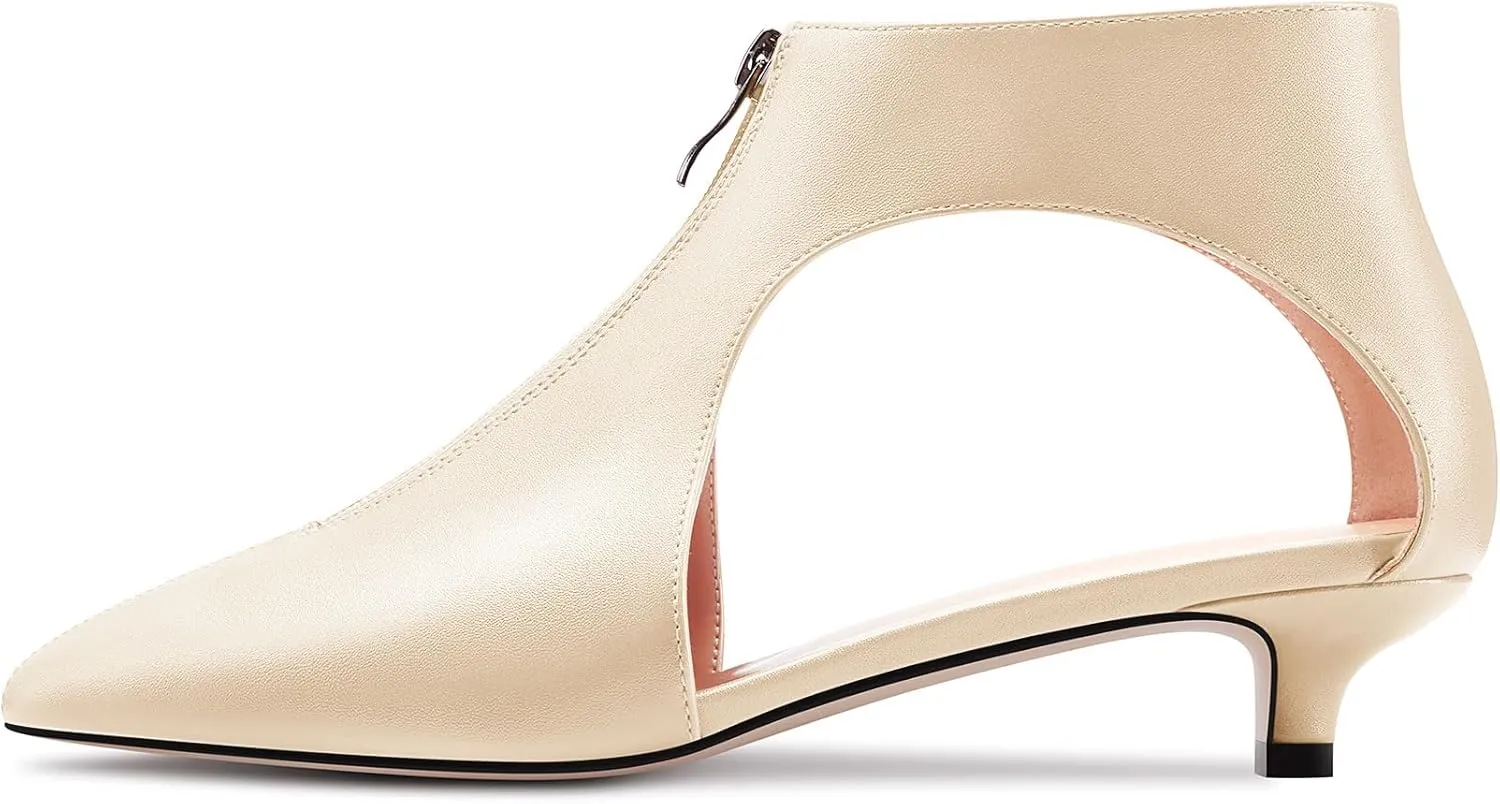 HDEUOLM Womens Low Kitten Heel Pointed Toe Pumps Slip-on Zipper Casual Cute 1.4 Inches Heels