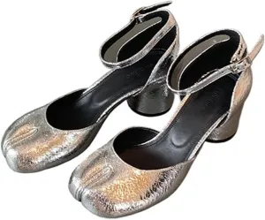 High Heels Women's High Heels Silver Thick Heels Round Toe Shallow Split Toe Pig's Trotter Shoes