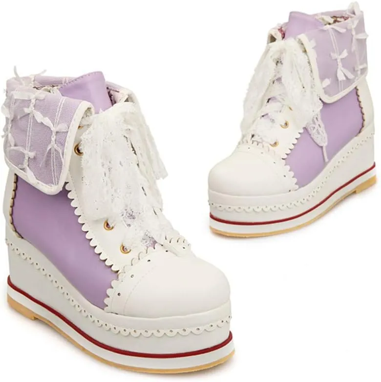 HILIB Women's Cute Lolita Boots Cosplay Brogue Wedge Boots