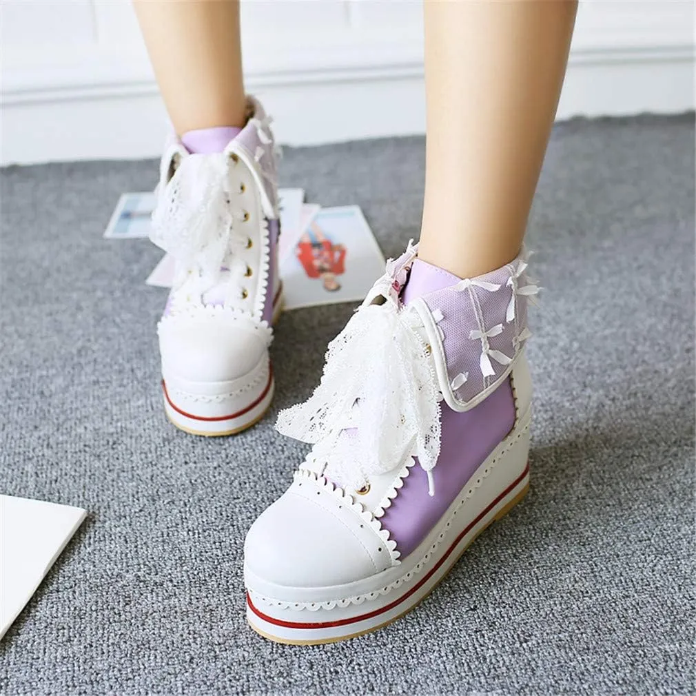 HILIB Women's Cute Lolita Boots Cosplay Brogue Wedge Boots