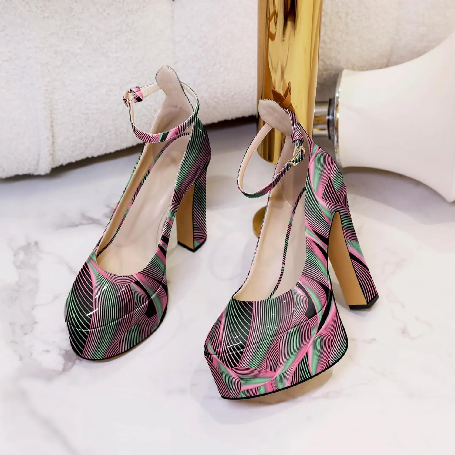 Joseywade Platform Chunky Heels Mary Jane High High Pumps Shoes Women Closed Round Toe 5.5 Inch Ankle Strap US Size 5-15