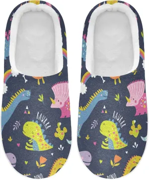 JUNZAN Colorful Dinosaurs Men's Women's Memory Foam House Slippers Non Skid Soft Warm Sole Coral Fleece Slip-on Closed Toe Hand Free Shoes for Bedroom Travel