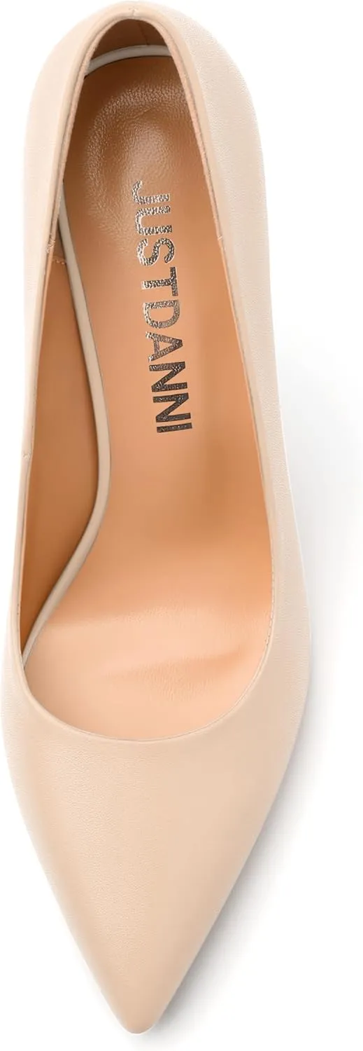 JUSTDANNI Women's 4 Inch High Stiletto Closed Toe Heels Classic Pointed Toe Matte Pumps Wedding Party Office Slip On Dress Shoes