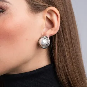 Kenneth Jay Lane Silver Pearl Button Clip-On Earrings with Crystal Details