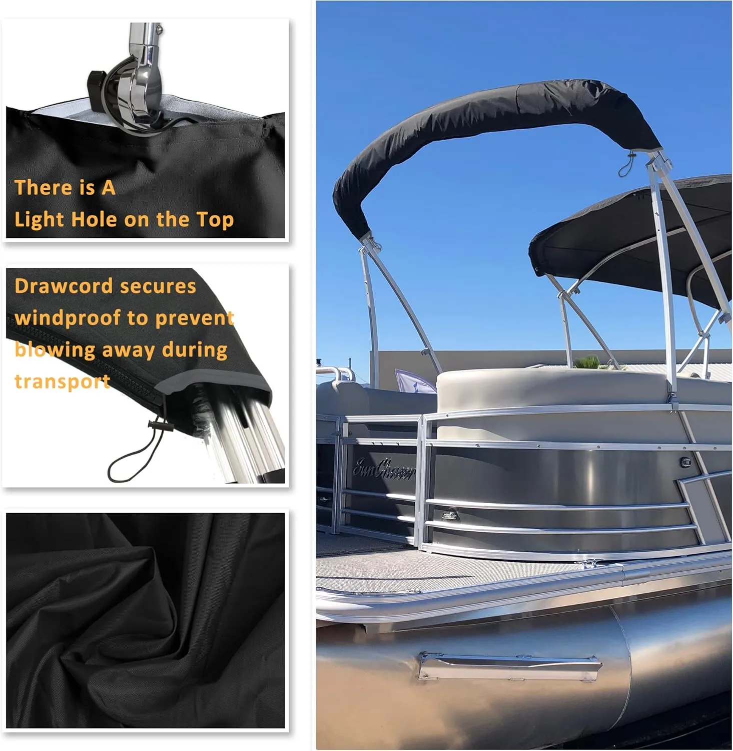 Kintaki Bimini top Boot Cover, Suitable for 3-4 Bows Bimini Tops, Design with Light Hole Bimini Top Cover, 600D Waterproof Bimini Storage Boot