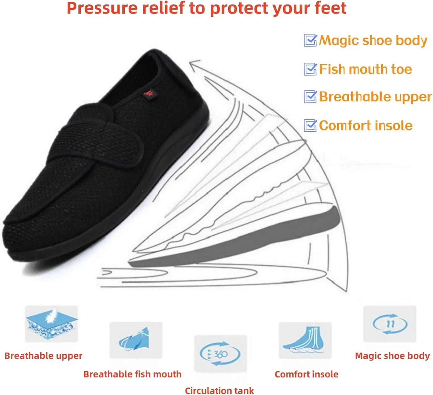 KUMUROET Unisex Adjustable Widened Foot Edema Shoes,Diabetic Walking Shoes,Wide Version Home Slippers,Wide Feet High Instep Comfortable Walking,Suitable for Hallux Valgus,Foot Hypertrophy,Arthritis