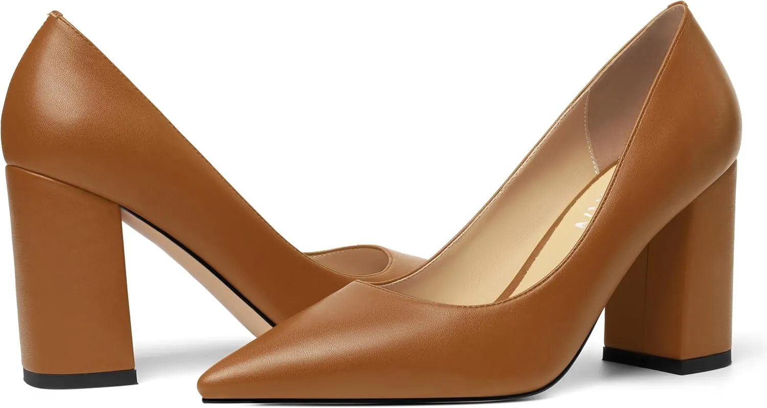 KUOARN Womens Office Formal Pointed Toe Solid Matte Slip On Block High Heel Pumps Shoes 3.3 Inch